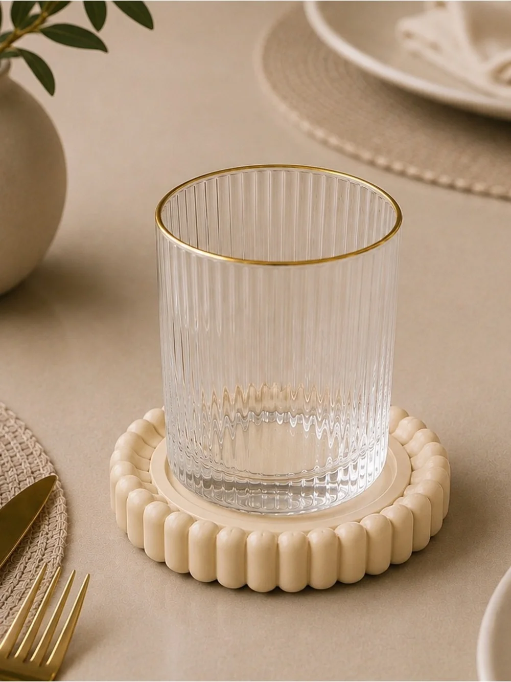 Monogram Personalized Round Coaster Set - Cream